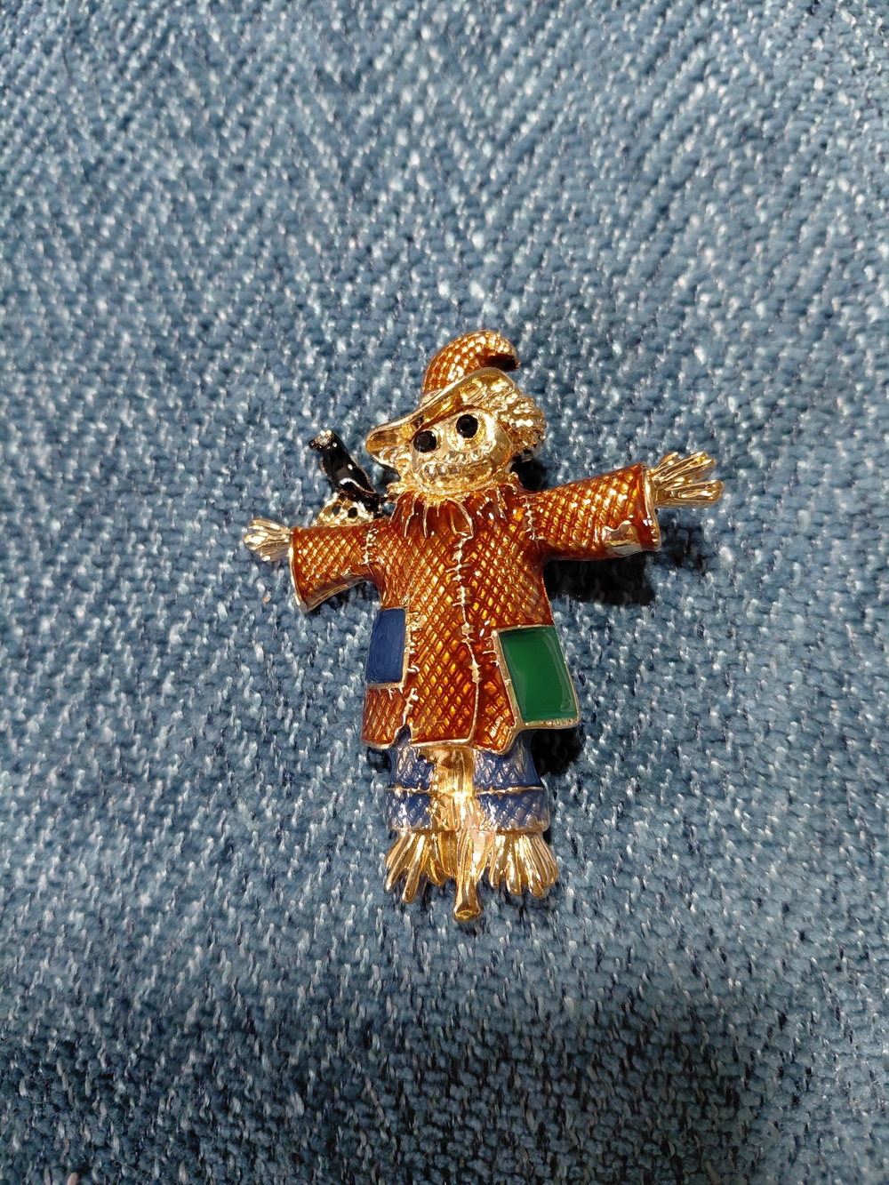 Gold-tone Scarecrow Brooch with Enamel Pockets
